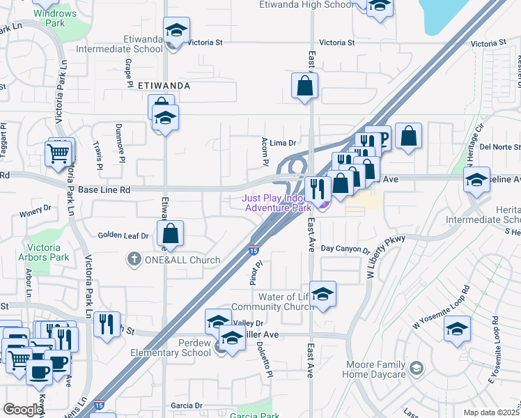 map of restaurants, bars, coffee shops, grocery stores, and more near 7331 Shelby Place in Rancho Cucamonga