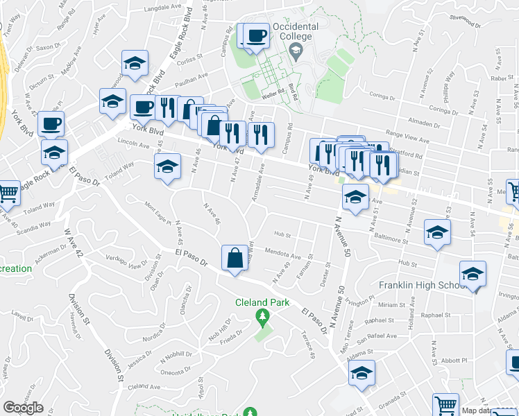 map of restaurants, bars, coffee shops, grocery stores, and more near 4762 Charters Avenue in Los Angeles