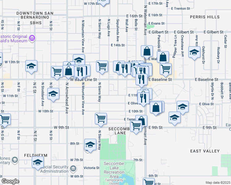 map of restaurants, bars, coffee shops, grocery stores, and more near 188 East 11th Street in San Bernardino