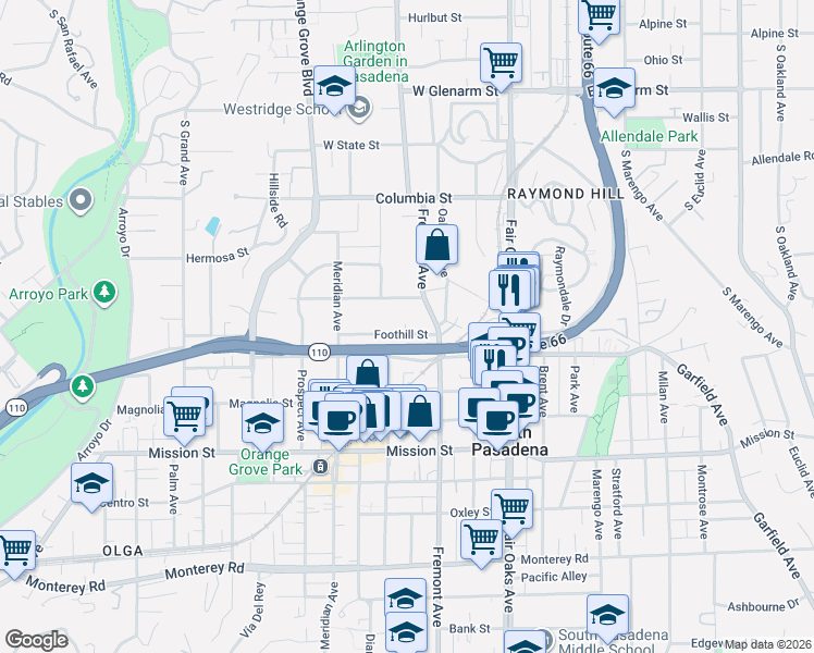 map of restaurants, bars, coffee shops, grocery stores, and more near 1116 Foothill Street in South Pasadena