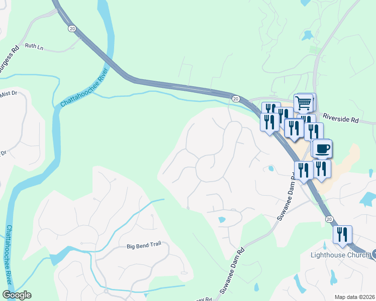 map of restaurants, bars, coffee shops, grocery stores, and more near 243 Double Gate Way Northeast in Sugar Hill