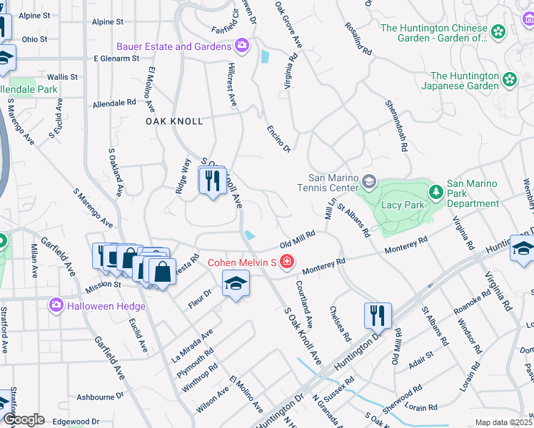 map of restaurants, bars, coffee shops, grocery stores, and more near 1530 Kenmore Road in Pasadena