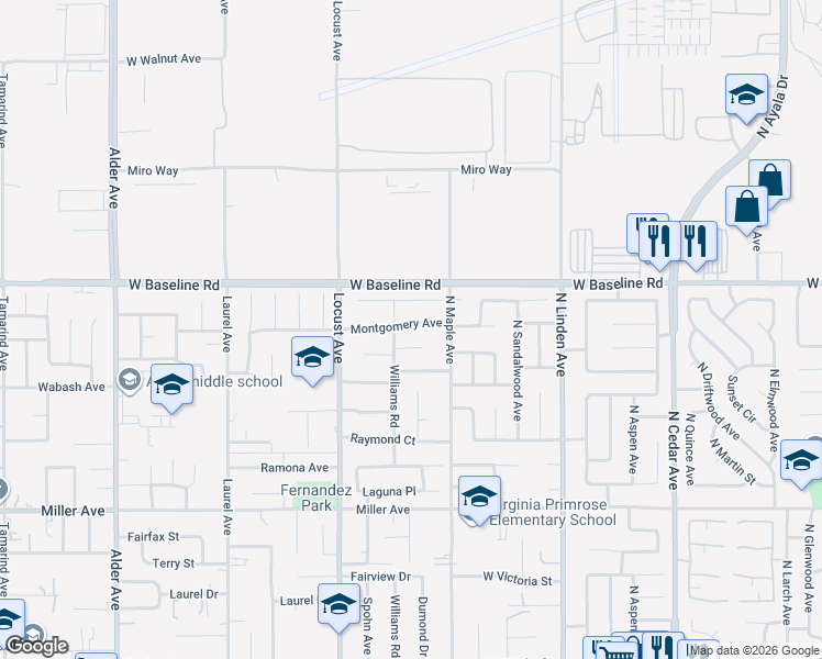 map of restaurants, bars, coffee shops, grocery stores, and more near 18233 Montgomery Avenue in Fontana