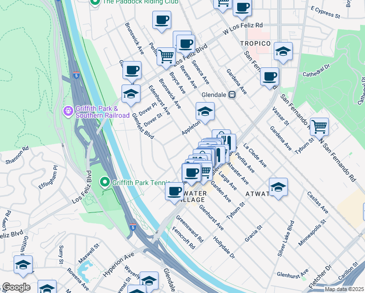 map of restaurants, bars, coffee shops, grocery stores, and more near 3767 Edenhurst Avenue in Los Angeles