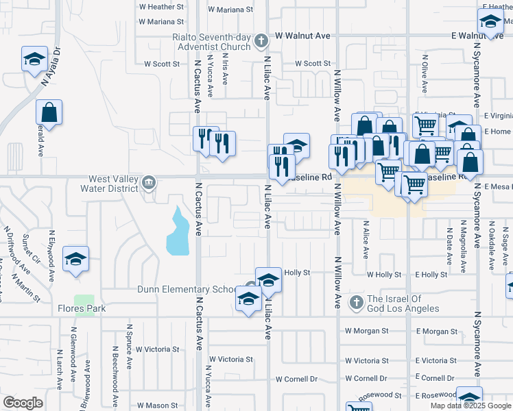map of restaurants, bars, coffee shops, grocery stores, and more near 1114 North Park Avenue in Rialto