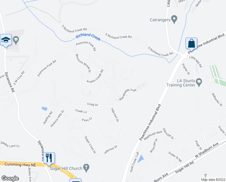 map of restaurants, bars, coffee shops, grocery stores, and more near 5313 Paramount View Way Northeast in Sugar Hill