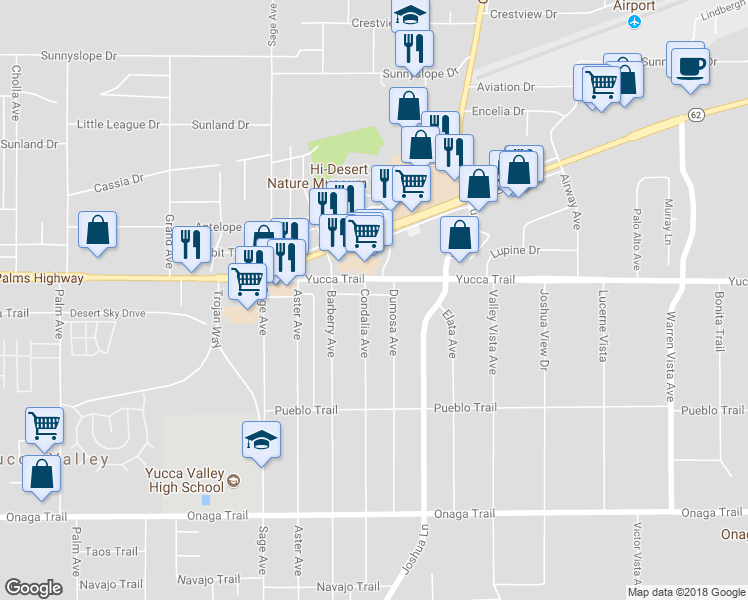map of restaurants, bars, coffee shops, grocery stores, and more near 7337 Condalia Avenue in Yucca Valley