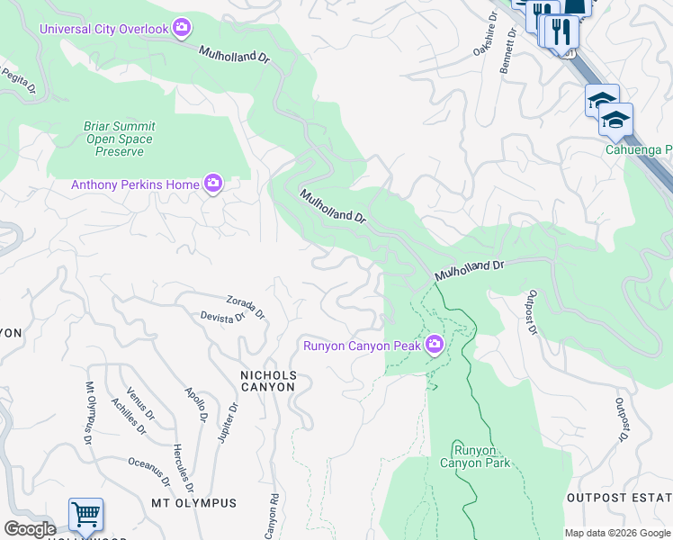 map of restaurants, bars, coffee shops, grocery stores, and more near 2729 Nichols Canyon Road in Los Angeles