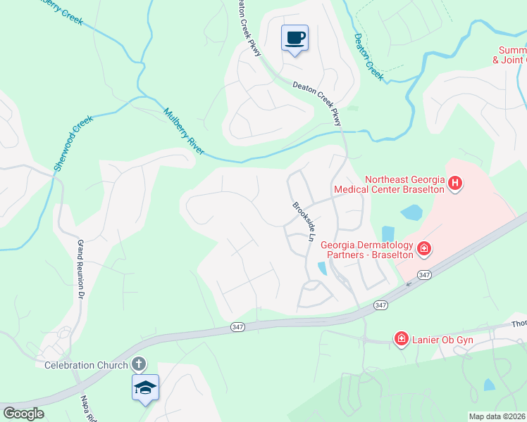 map of restaurants, bars, coffee shops, grocery stores, and more near 6308 Thunder Ridge Circle in Hoschton