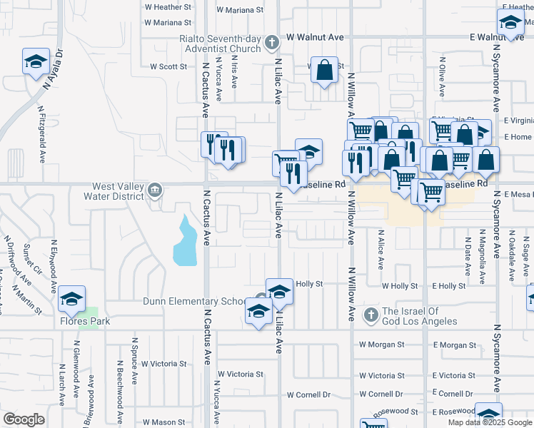 map of restaurants, bars, coffee shops, grocery stores, and more near 1114 North Park Avenue in Rialto