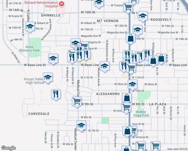 map of restaurants, bars, coffee shops, grocery stores, and more near 1156 Western Avenue North in San Bernardino