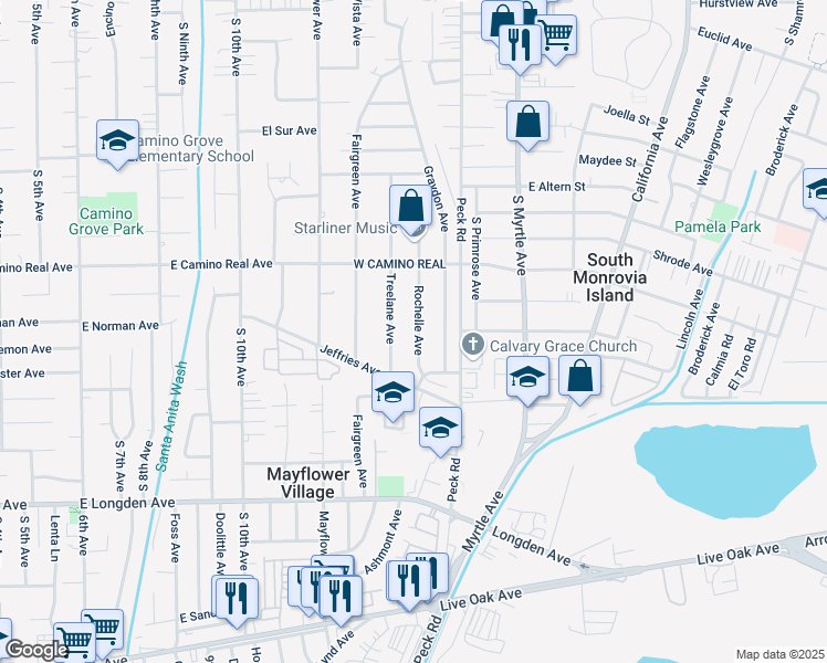 map of restaurants, bars, coffee shops, grocery stores, and more near 2450 Rochelle Avenue in Monrovia