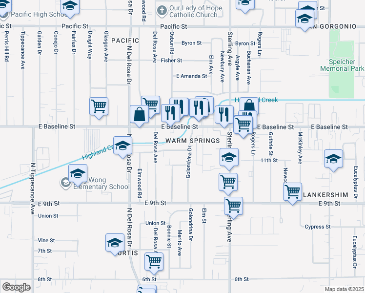 map of restaurants, bars, coffee shops, grocery stores, and more near 25508 Paloma Road in San Bernardino