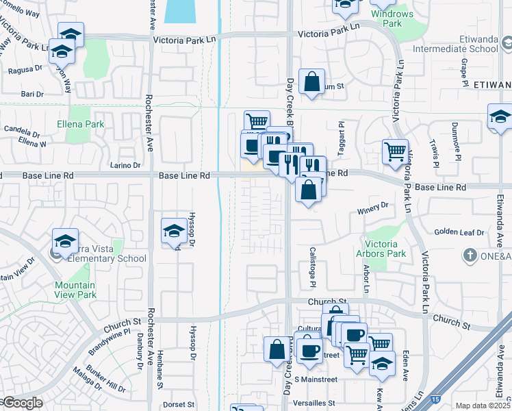 map of restaurants, bars, coffee shops, grocery stores, and more near 7462 Solstice Place in Rancho Cucamonga