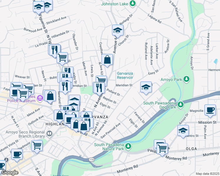 map of restaurants, bars, coffee shops, grocery stores, and more near 6415 Pollard Street in Los Angeles