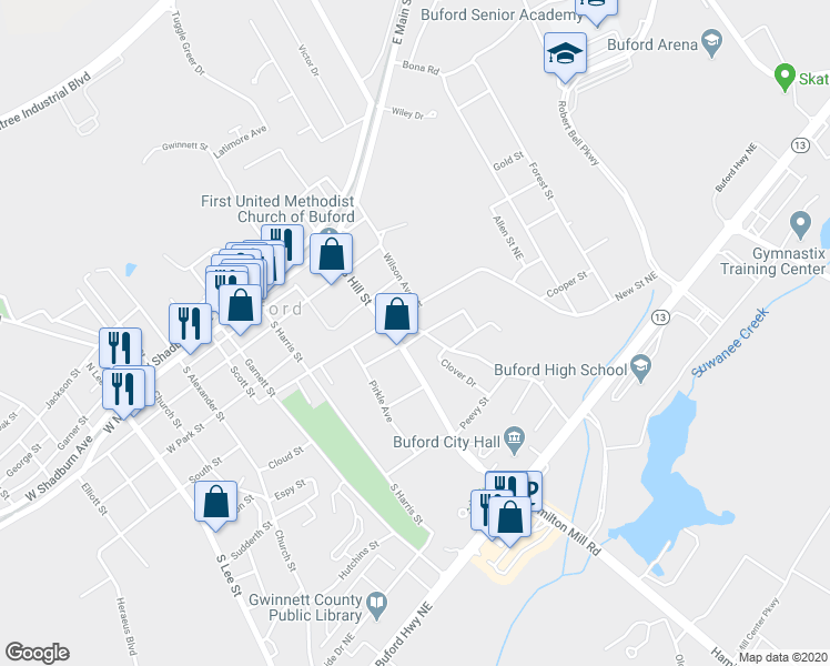 map of restaurants, bars, coffee shops, grocery stores, and more near 375 Power Avenue in Buford