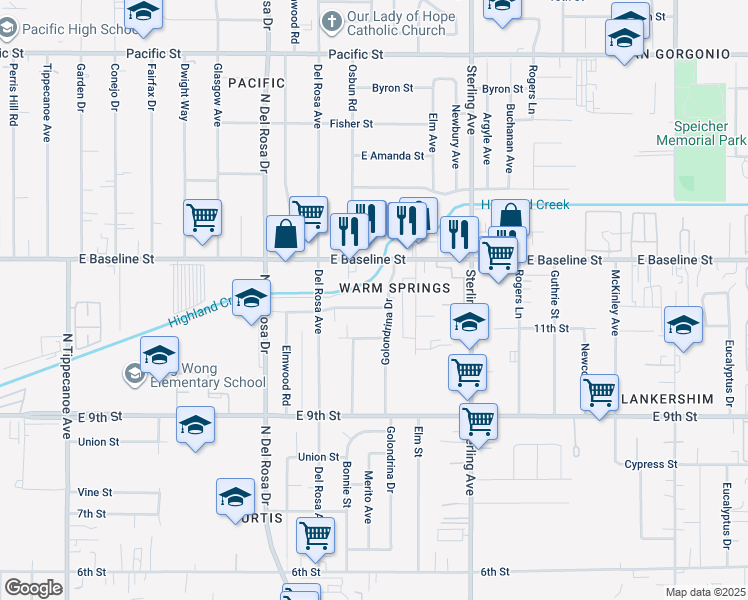 map of restaurants, bars, coffee shops, grocery stores, and more near 25508 Paloma Road in San Bernardino