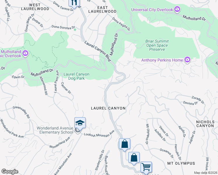 map of restaurants, bars, coffee shops, grocery stores, and more near 2710 Laurel Canyon Boulevard in Los Angeles