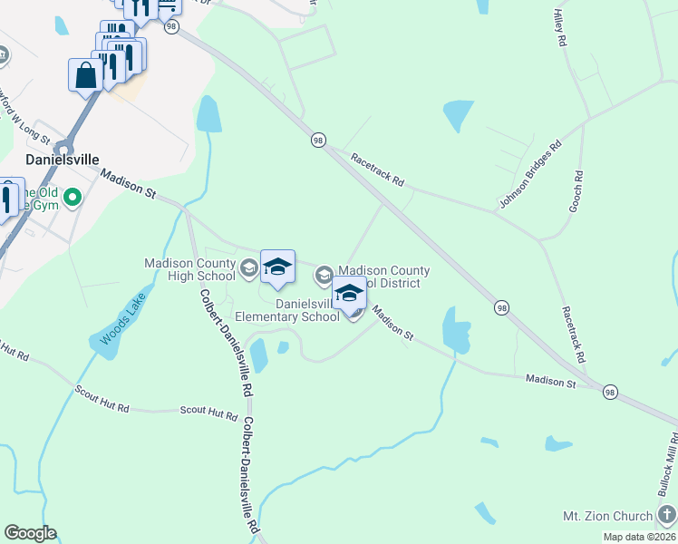 map of restaurants, bars, coffee shops, grocery stores, and more near 777 Madison Street in Danielsville