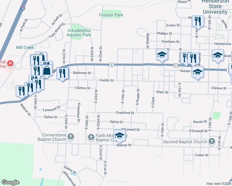 map of restaurants, bars, coffee shops, grocery stores, and more near 231 South 19th Street in Arkadelphia
