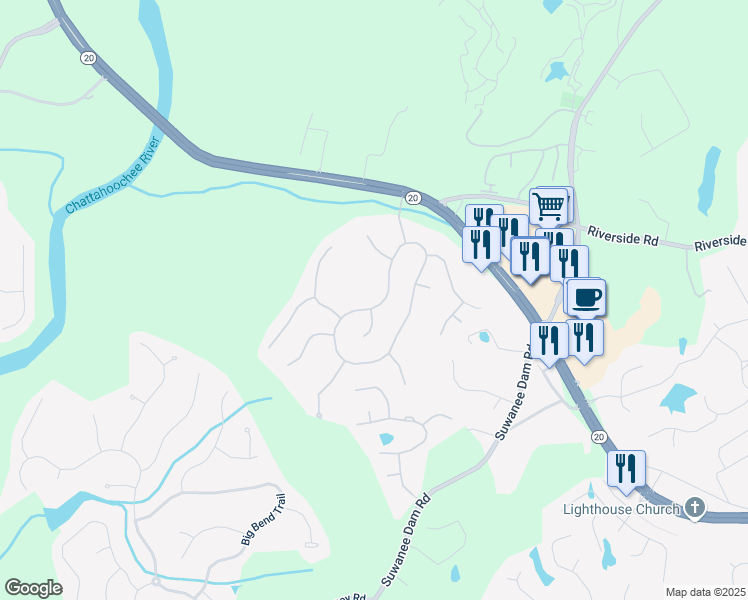 map of restaurants, bars, coffee shops, grocery stores, and more near 6382 Mountain Ridge Circle in Sugar Hill