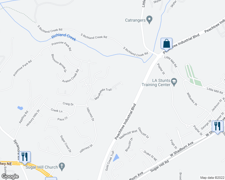 map of restaurants, bars, coffee shops, grocery stores, and more near 1651 Marakanda Trail in Buford