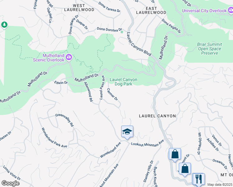 map of restaurants, bars, coffee shops, grocery stores, and more near 2700 Carmar Drive in Los Angeles
