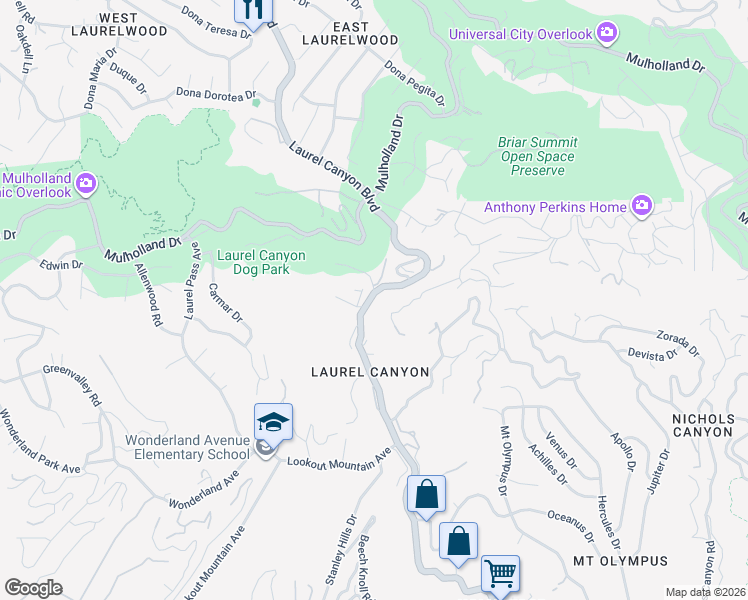 map of restaurants, bars, coffee shops, grocery stores, and more near 2710 Laurel Canyon Boulevard in Los Angeles