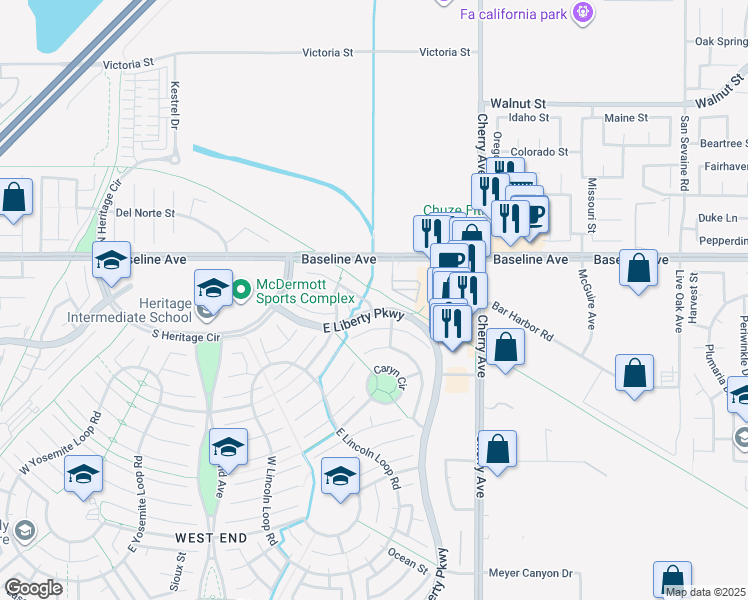 map of restaurants, bars, coffee shops, grocery stores, and more near 14282 Rideout Court in Fontana