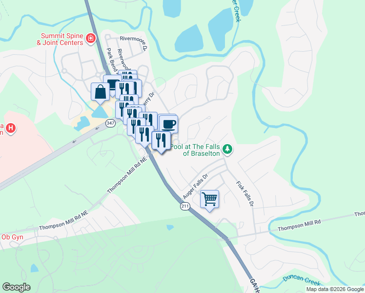 map of restaurants, bars, coffee shops, grocery stores, and more near 6353 Grand Hickory Drive in Braselton