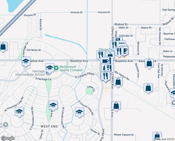 map of restaurants, bars, coffee shops, grocery stores, and more near 14282 Rideout Court in Fontana