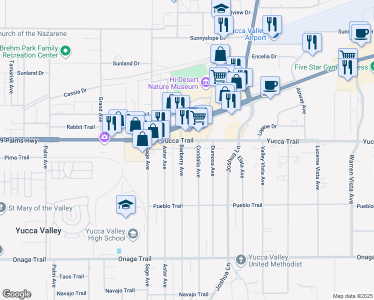 map of restaurants, bars, coffee shops, grocery stores, and more near 57057 Yucca Trail in Yucca Valley