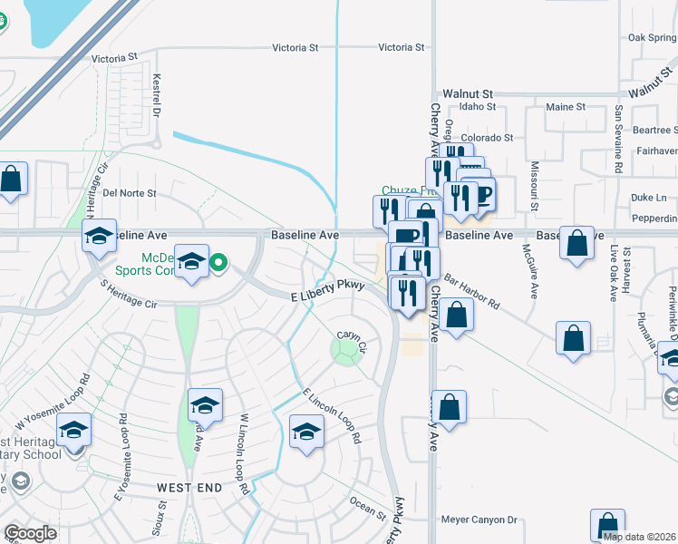 map of restaurants, bars, coffee shops, grocery stores, and more near 14242 Rideout Court in Fontana