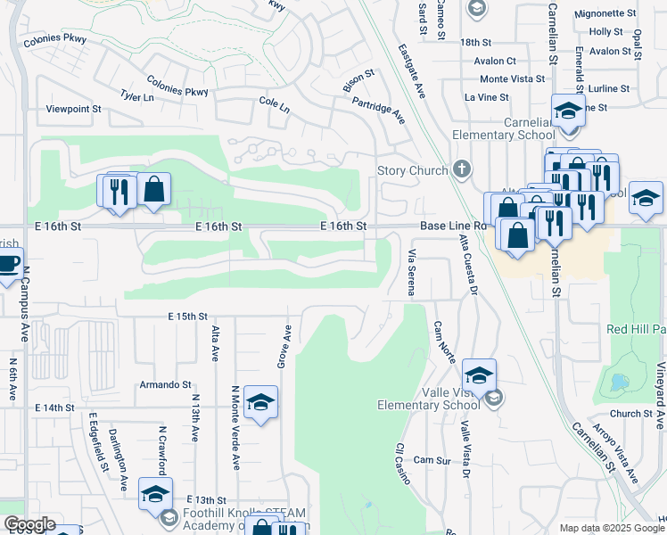 map of restaurants, bars, coffee shops, grocery stores, and more near 1483 Upland Hills Drive South in Upland