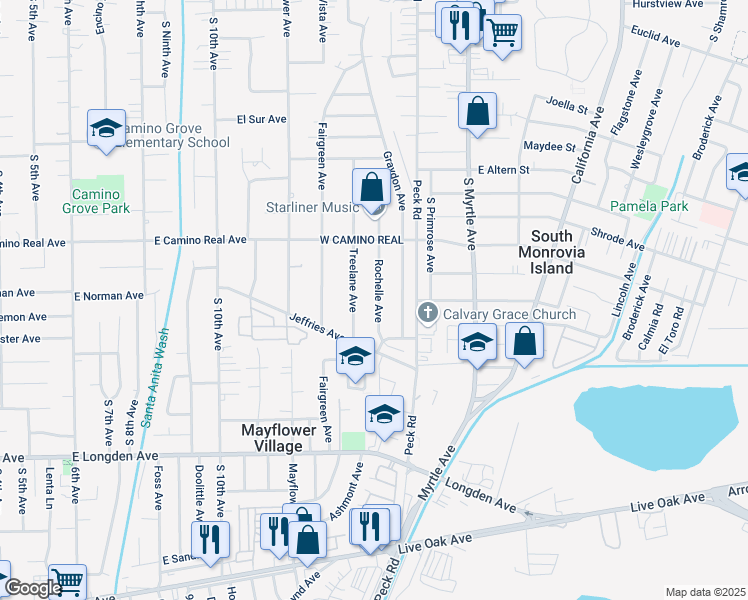 map of restaurants, bars, coffee shops, grocery stores, and more near 2450 Rochelle Avenue in Monrovia