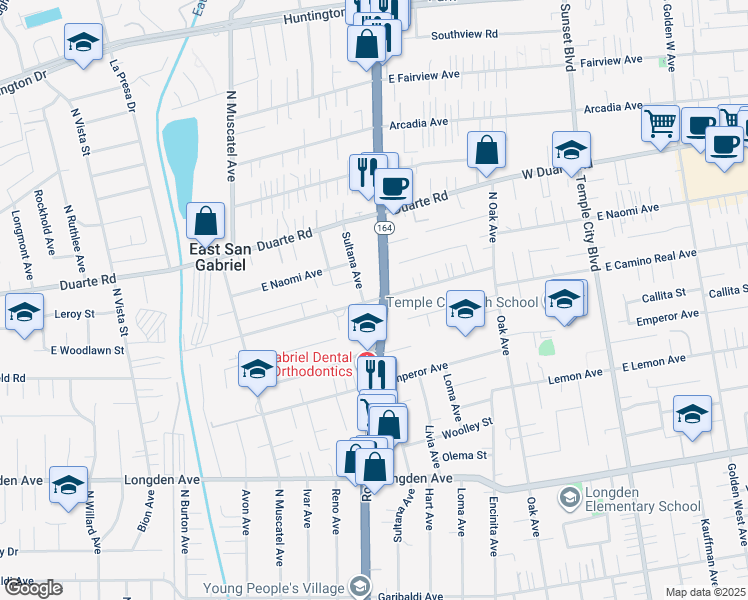 map of restaurants, bars, coffee shops, grocery stores, and more near 8926 East Youngdale Street in San Gabriel