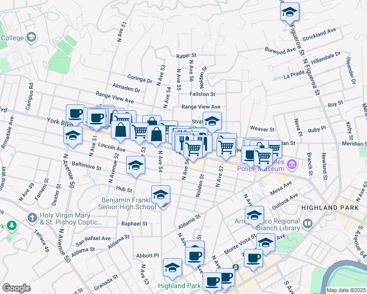 map of restaurants, bars, coffee shops, grocery stores, and more near 5532 Meridian Street in Los Angeles