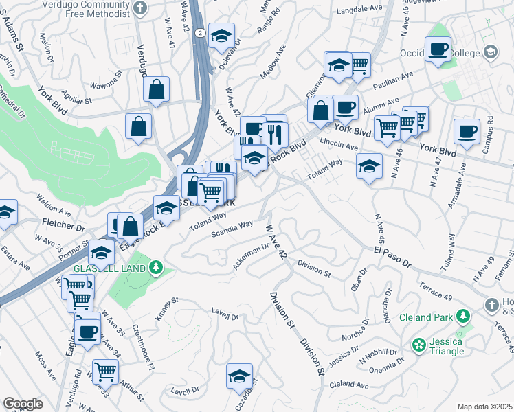 map of restaurants, bars, coffee shops, grocery stores, and more near 4224 Panamint Street in Los Angeles