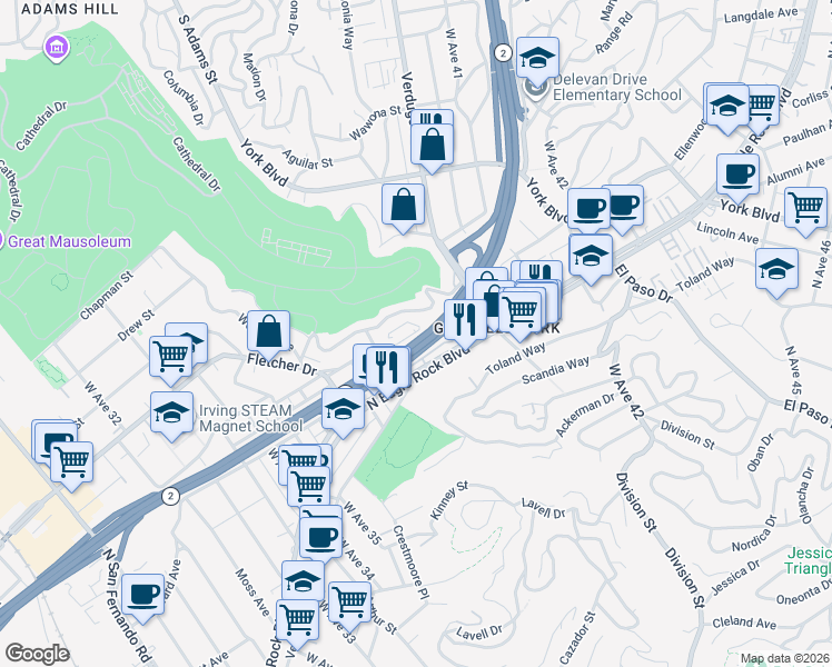 map of restaurants, bars, coffee shops, grocery stores, and more near 3922 Roderick Road in Los Angeles