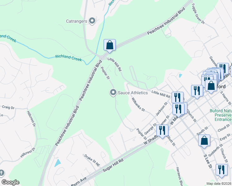 map of restaurants, bars, coffee shops, grocery stores, and more near 461 Poplar Street in Buford