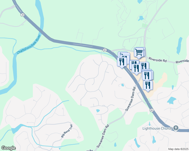 map of restaurants, bars, coffee shops, grocery stores, and more near 6382 Mountain Ridge Circle in Sugar Hill