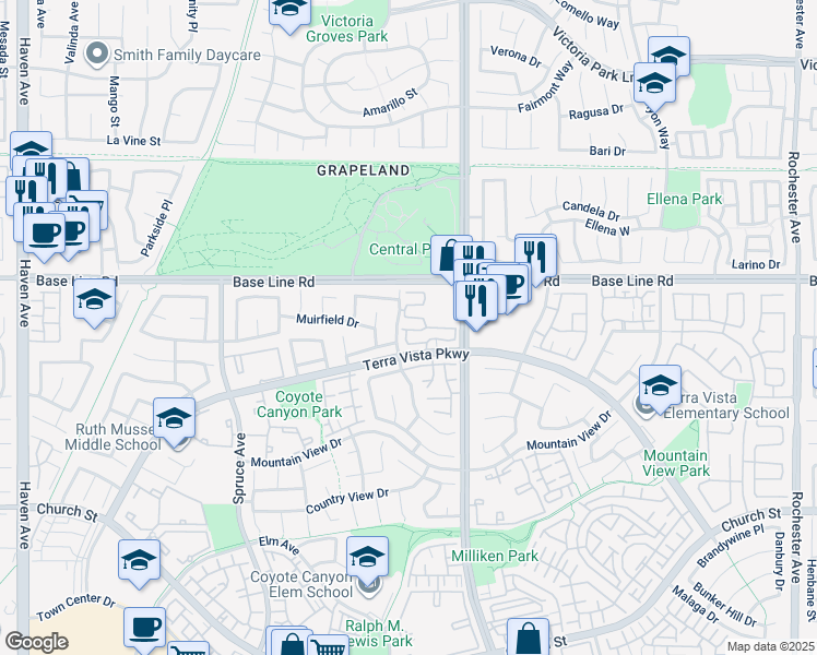 map of restaurants, bars, coffee shops, grocery stores, and more near 11214 Terra Vista Parkway in Rancho Cucamonga