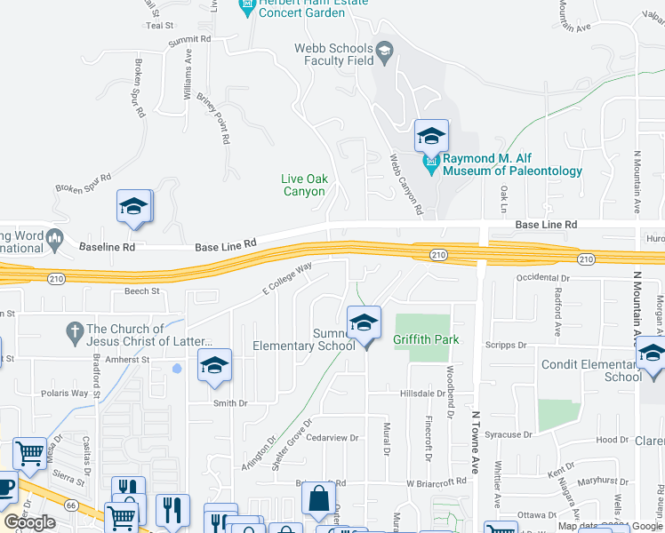 map of restaurants, bars, coffee shops, grocery stores, and more near 4263 La Junta Drive in Claremont