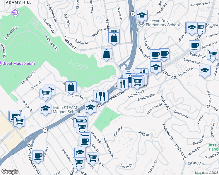 map of restaurants, bars, coffee shops, grocery stores, and more near 3922 Roderick Road in Los Angeles