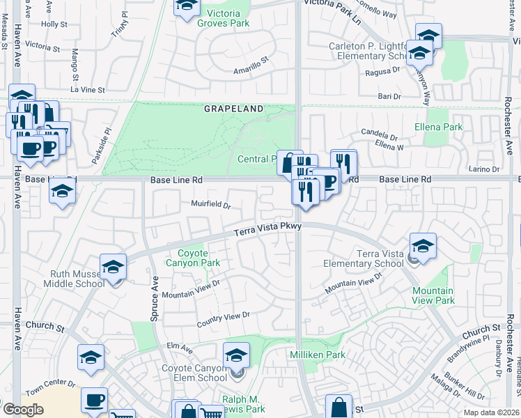 map of restaurants, bars, coffee shops, grocery stores, and more near 11214 Terra Vista Parkway in Rancho Cucamonga