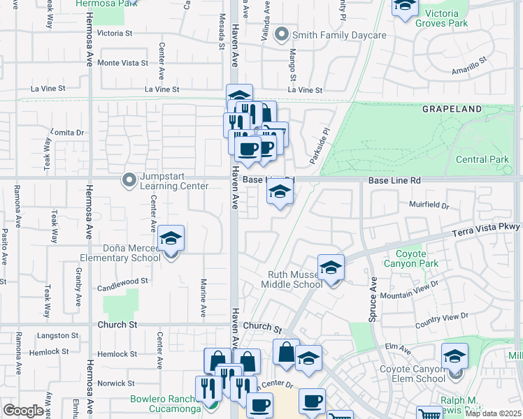 map of restaurants, bars, coffee shops, grocery stores, and more near 7375 Greenhaven Avenue in Rancho Cucamonga