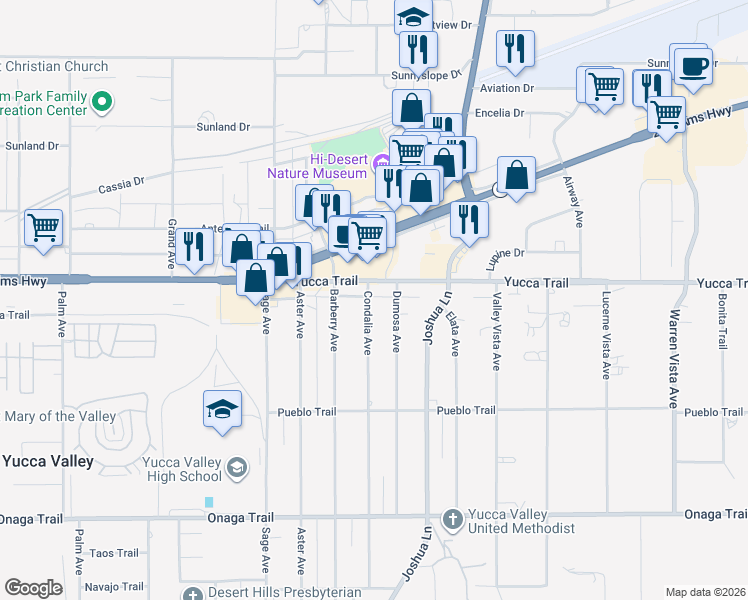 map of restaurants, bars, coffee shops, grocery stores, and more near 7337 Condalia Avenue in Yucca Valley