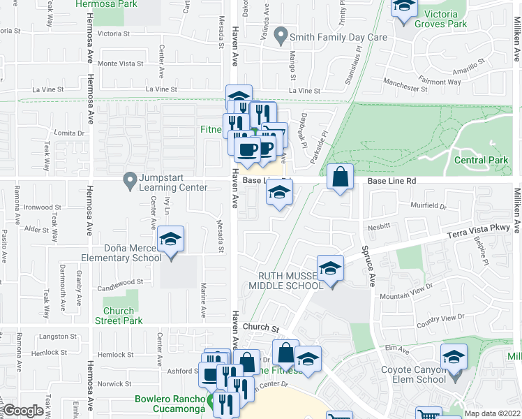 map of restaurants, bars, coffee shops, grocery stores, and more near 7375 Greenhaven Avenue in Rancho Cucamonga