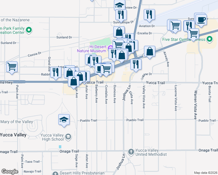 map of restaurants, bars, coffee shops, grocery stores, and more near 7337 Condalia Avenue in Yucca Valley