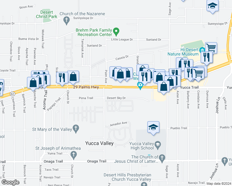 map of restaurants, bars, coffee shops, grocery stores, and more near 56569 29 Palms Highway in Yucca Valley